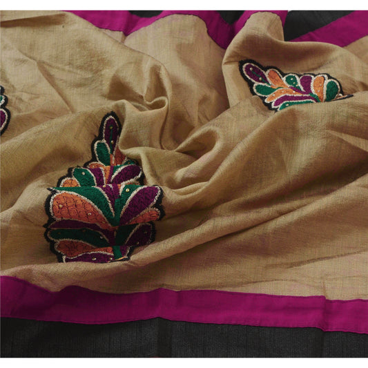 sanskriti Vintage Dupatta Long Stole Art Silk Brown Shawl Embroidered Scarves