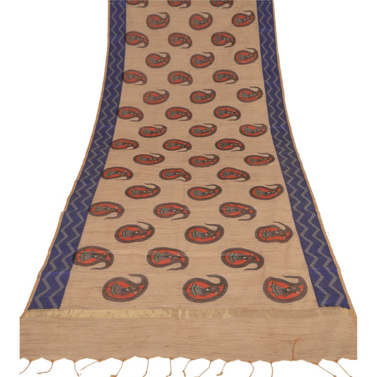 sanskriti Vintage Dupatta Long Stole Art Silk Cream Shawl Printed Woven Scarves