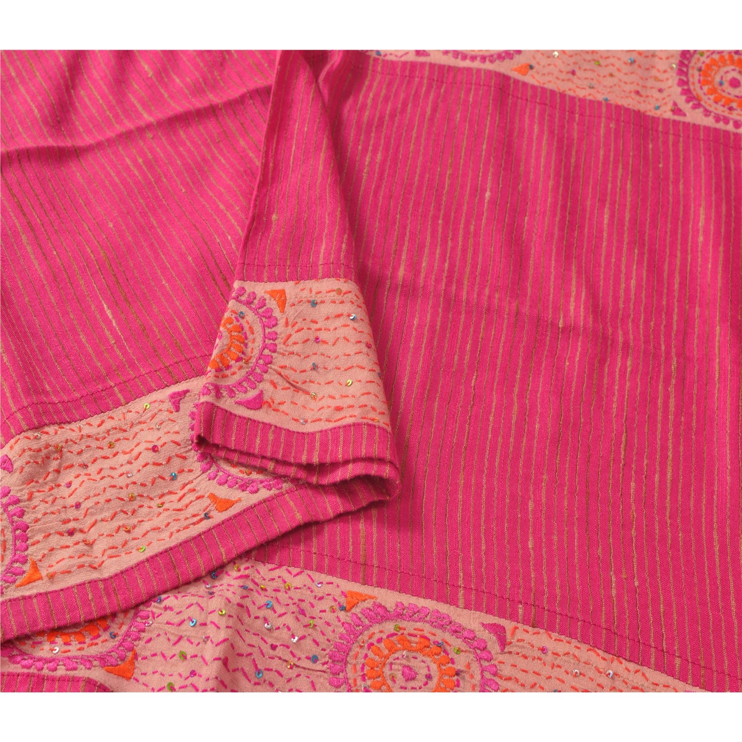 Sanskriti Vintage kDupatta Long Stole Art Silk Pink Hand Beaded Kantha Scarves