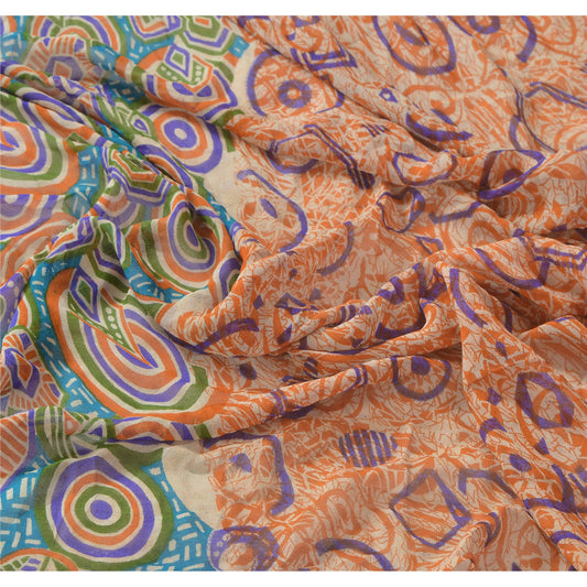 Sanskriti Vintage Dupatta Long Stole Pure Georgette Silk Cream Shawl Printed