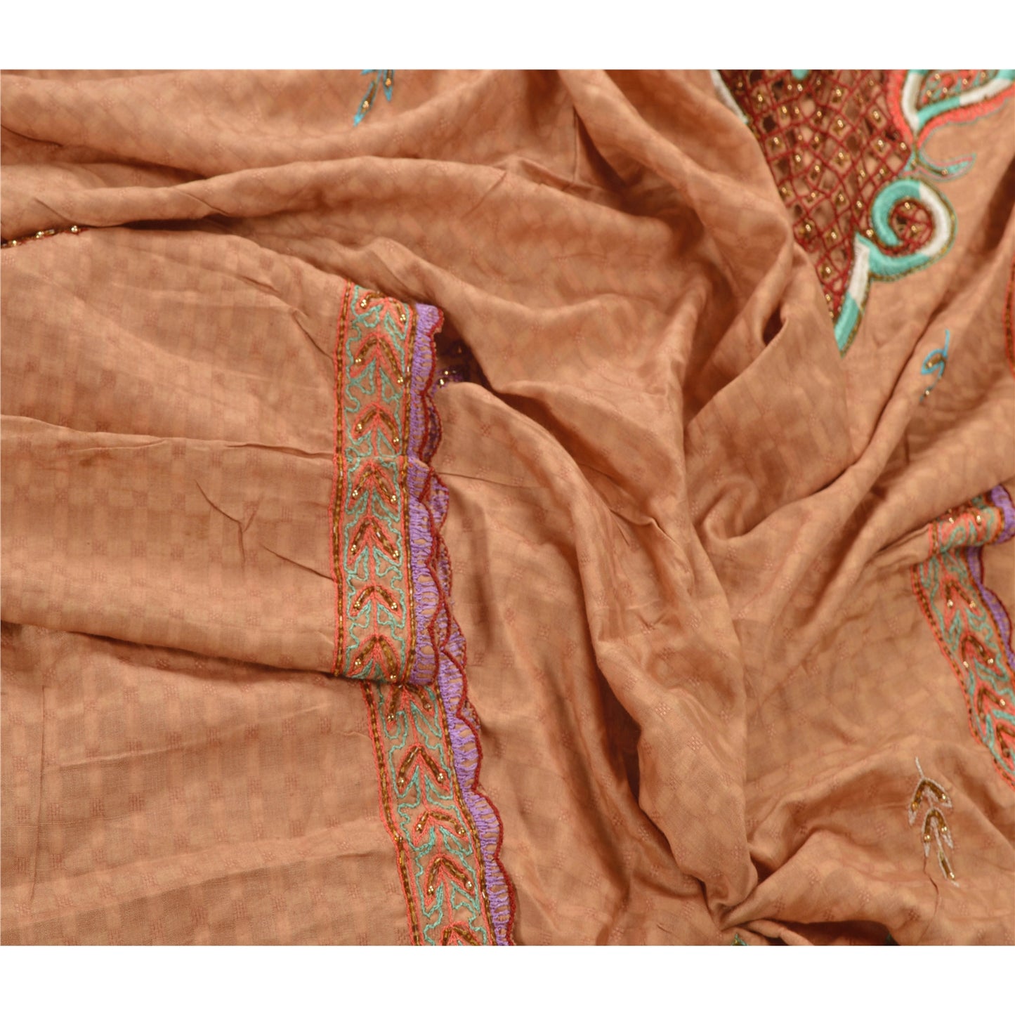 Sanskriti Vintage Dupatta Long Stole Blend Cotton Brown Hand Beaded Scarves