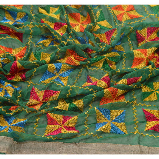 Sanskriti Vintage Dupatta Long Stole Ooak Green Embroidered Bagh Phulkari Shawl