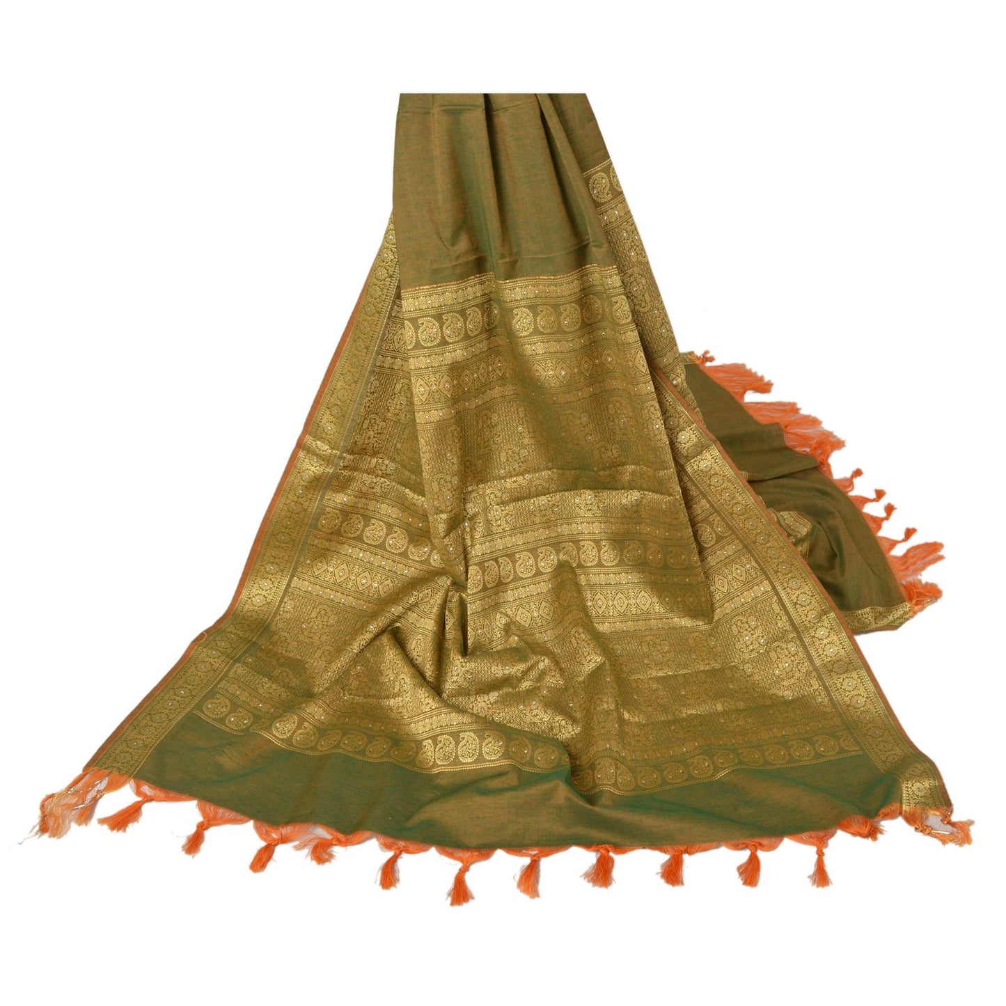 Sanskriti Vintage Dupatta Long Stole Blend Cotton Green Wrap Veil Woven Hijab
