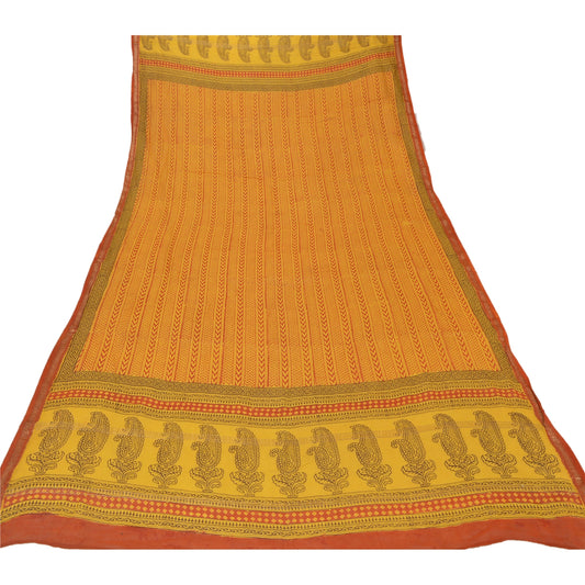 Sanskriti Vintage Dupatta Long Stole Pure Chanderi Silk Yellow Block Printed