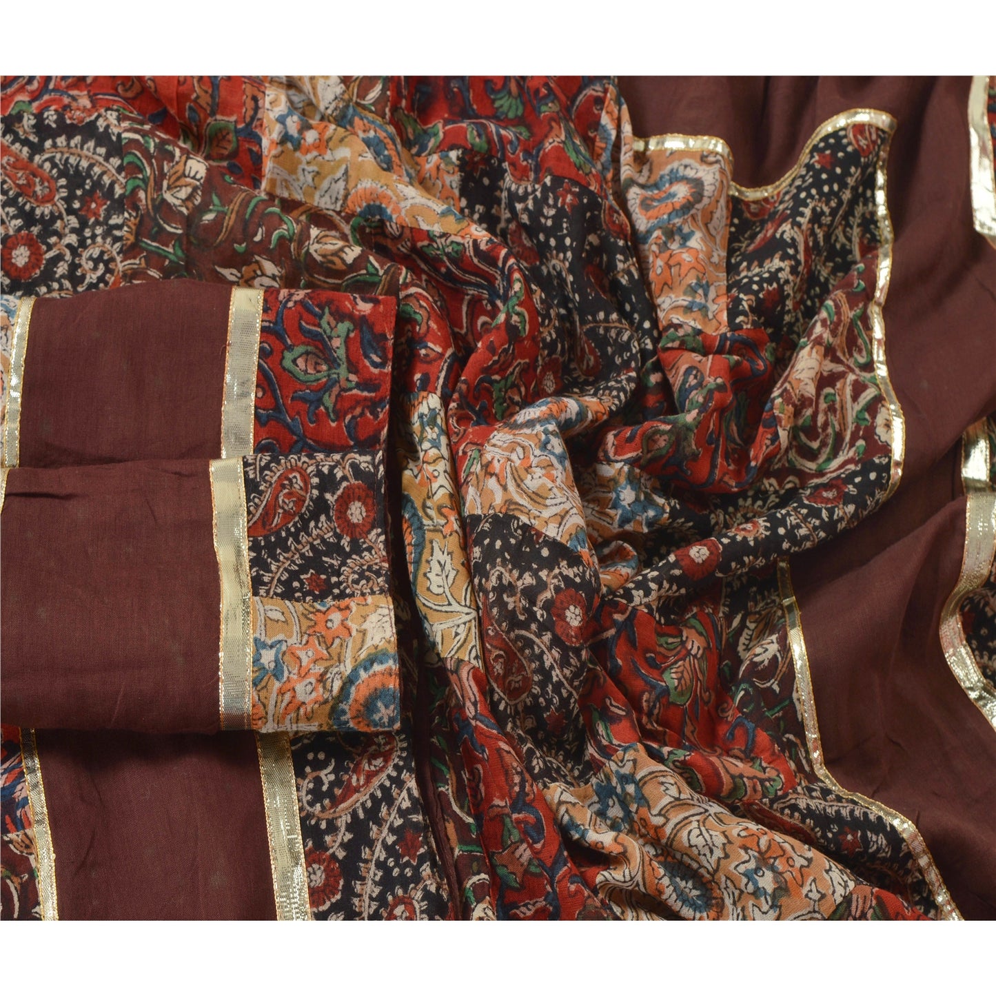 Sanskriti Vintage Dupatta Long Stole Pure Cotton Brown Block Printed Kalamkari