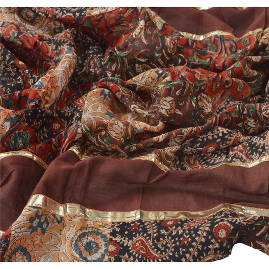 Sanskriti Vintage Dupatta Long Stole Pure Cotton Brown Block Printed Kalamkari