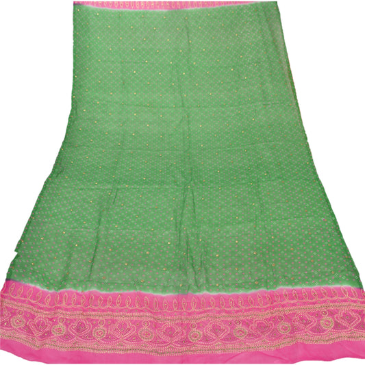 Sanskriti Vintage Dupatta Long Stole Chiffon Silk Green Scarves Hand Beaded Veil