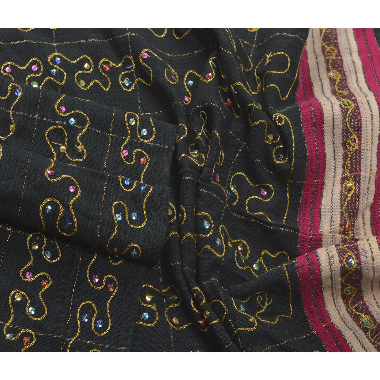 Sanskriti Vintage Dupatta Long Stole Blend Cotton Black Veil Embroidered Scarves