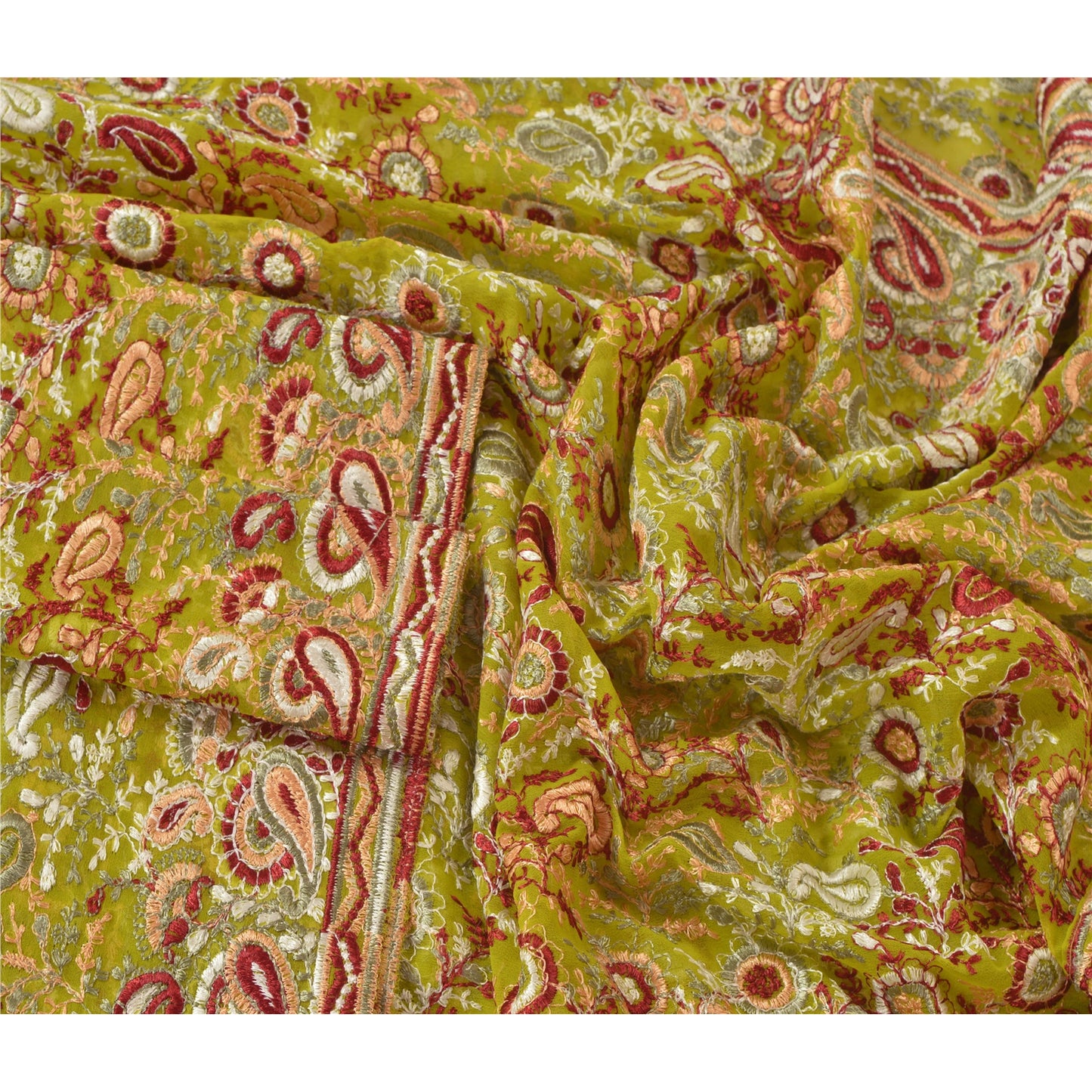 Sanskriti Vintage Dupatta Lang Stola Blend Georgette Grøn Broderet Hijab