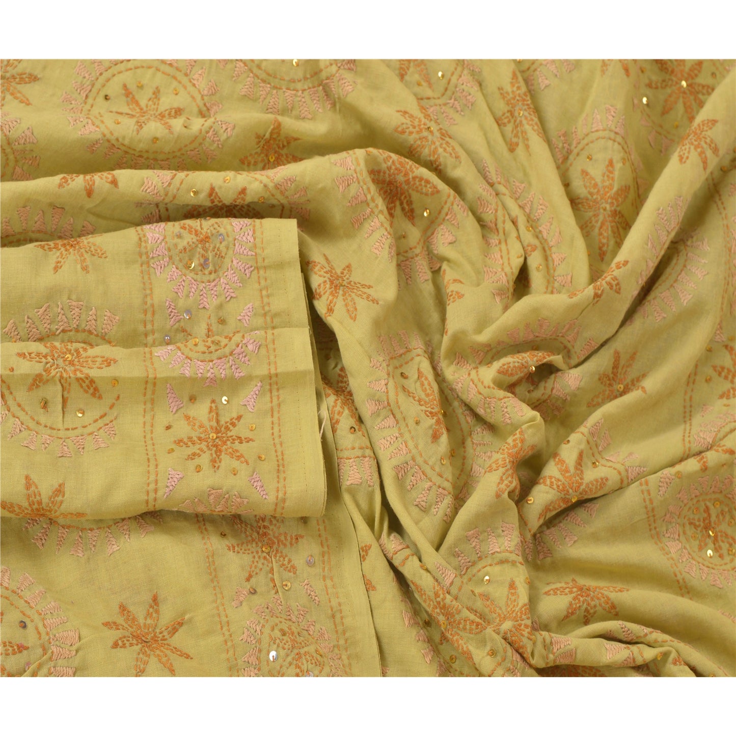 Sanskriti Vintage Dupatta Long Stole Pure Cotton Green Hand Embroidered Kantha