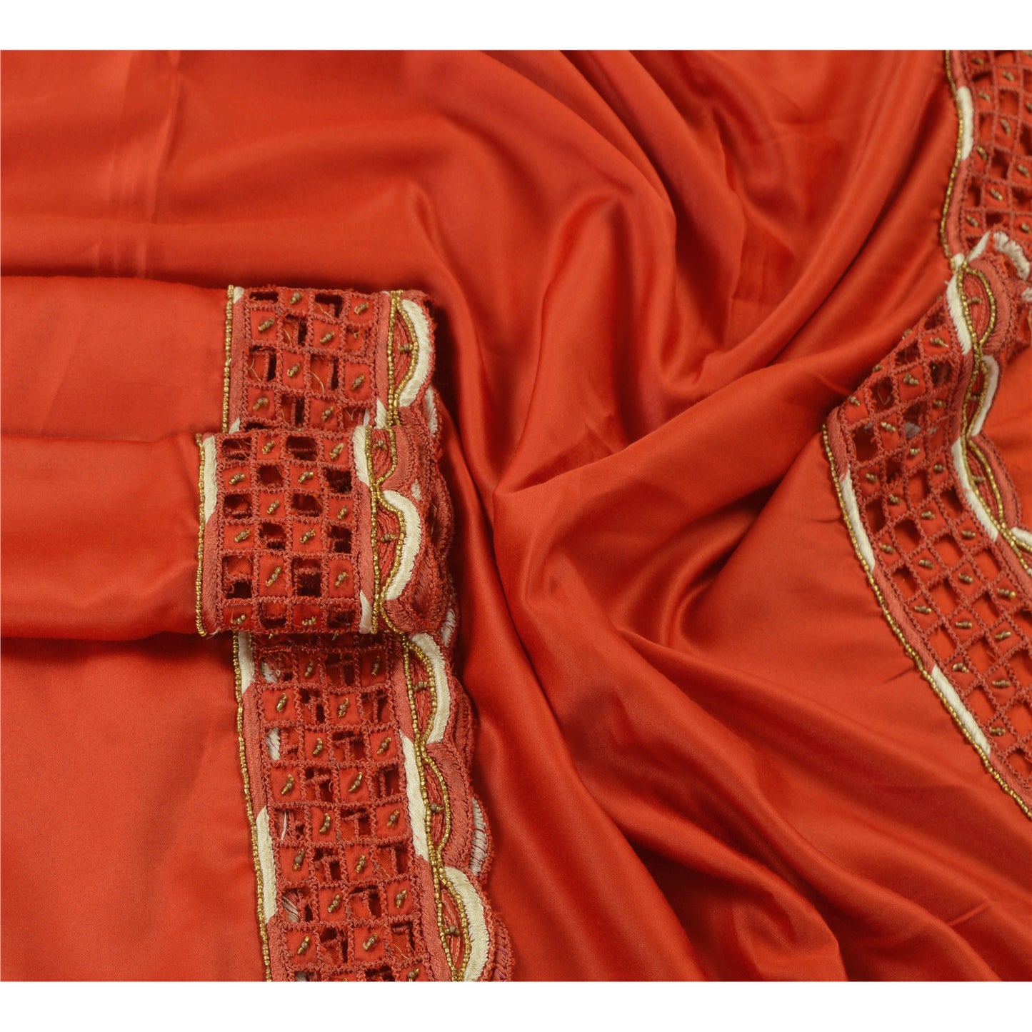 Sanskriti Vintage Dupatta Long Stole Satin Orange Hand Beaded Cut Work Shawl