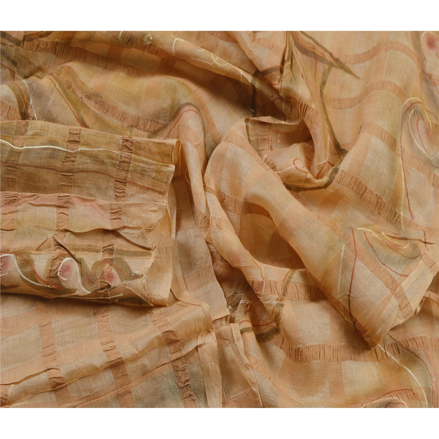 Sanskriti Vintage Dupatta Long Stole Pure Silk Brown Painted Woven Scarves Shawl