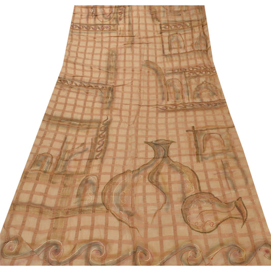 Sanskriti Vintage Dupatta Long Stole Pure Silk Brown Painted Woven Scarves Shawl