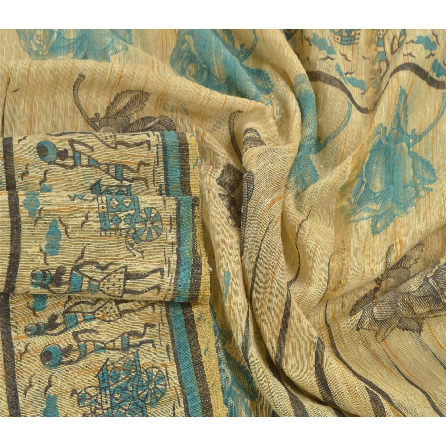 Sanskriti Vintage Dupatta Long Stole Cream Printed Art Silk Scarves Wrap Scarves