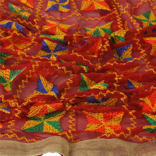 Sanskriti Vintage Dupatta Long Stole Ooak Red Hand Embroidered Bagh Phulkari