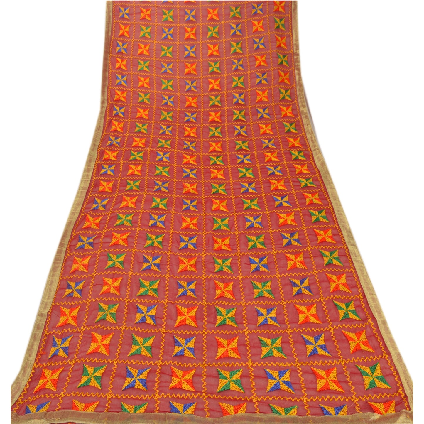 Sanskriti Vintage Dupatta Long Stole Ooak Red Hand Embroidered Bagh Phulkari