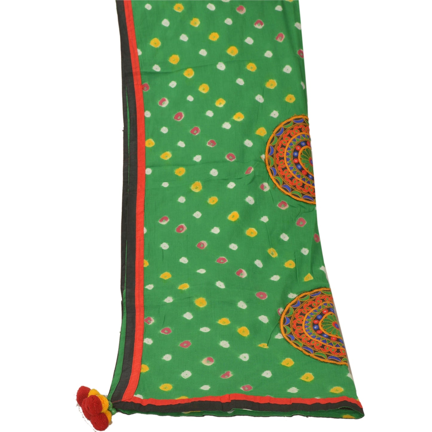 Sanskriti Vintage Dupatta Long Stole Pure Cotton Green Bandhani Work Patch Veil