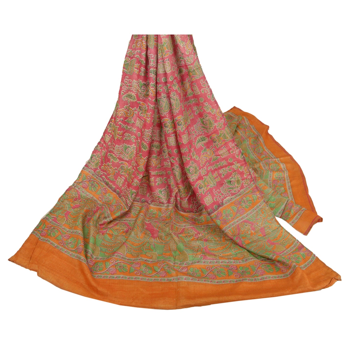 Sanskriti Vintage Dupatta Long Stole Pure Silk Pink Pattachitra Scarves Shawl
