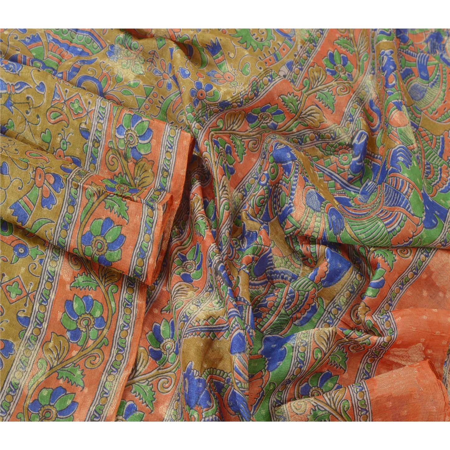 Sanskriti Vintage Dupatta Long Stole Pure Silk Orange Pattachitra Scarves Shawl