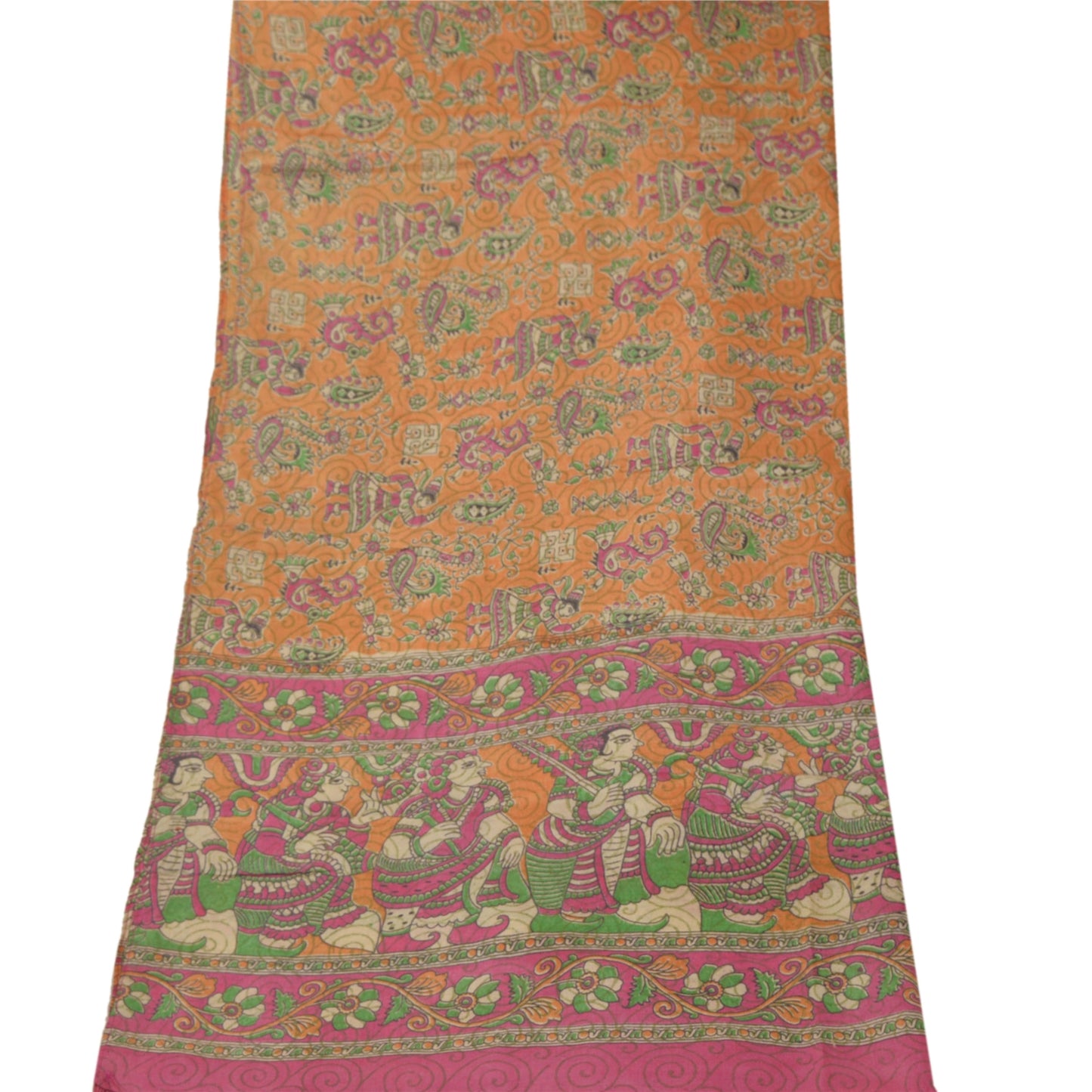 Sanskriti Vintage Dupatta Long Stole Pure Silk Orange Pattachitra Scarves Shawl