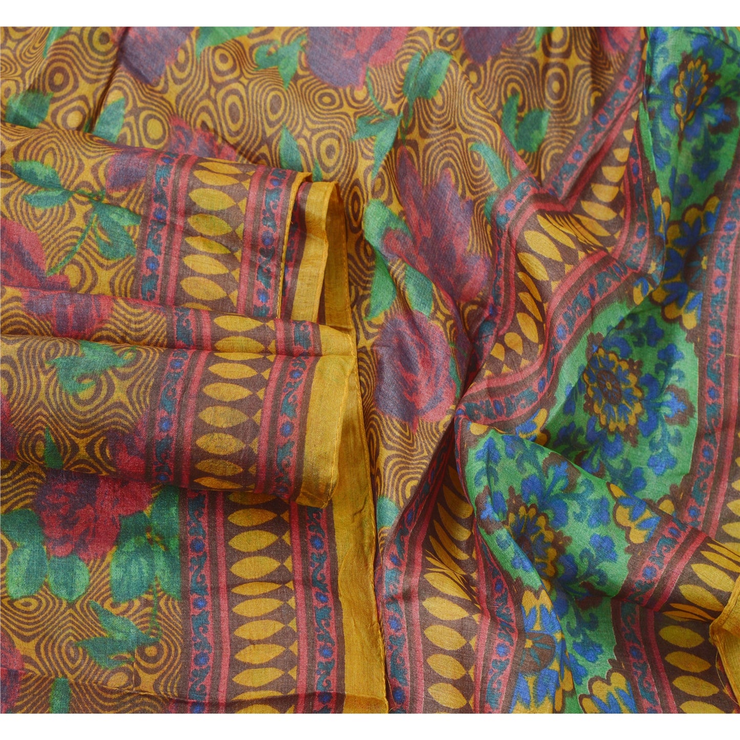 Sanskriti Vintage Dupatta Long Stole Pure Silk Saffron Printed Floral Scarves