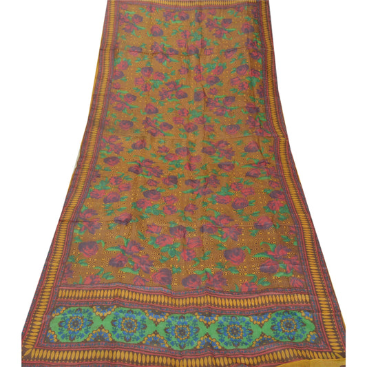 Sanskriti Vintage Dupatta Long Stole Pure Silk Saffron Printed Floral Scarves