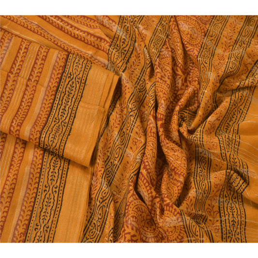 Sanskriti Vintage Dupatta Long Stole Pure Cotton Mustard Block Printed Hijab
