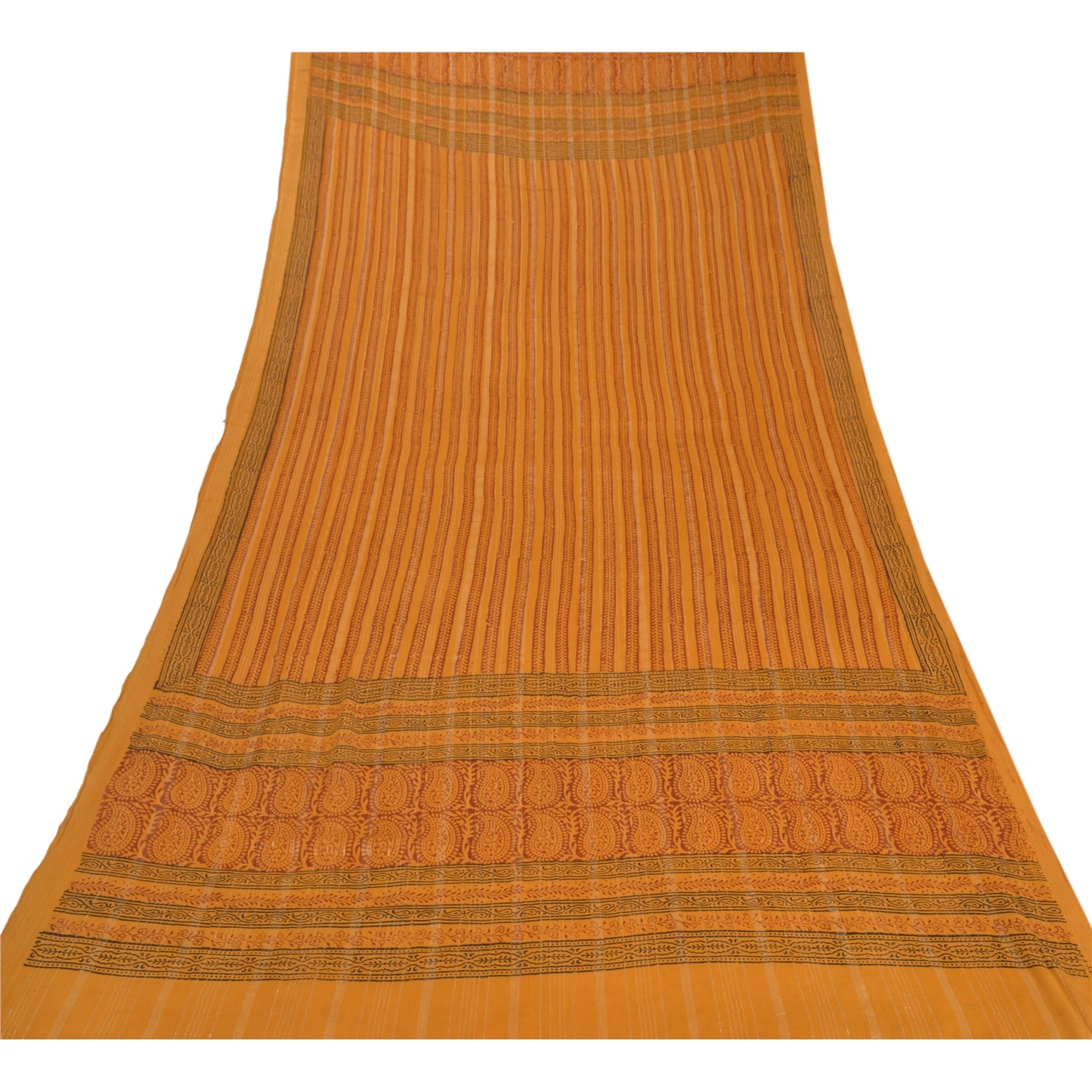 Sanskriti Vintage Dupatta Long Stole Pure Cotton Mustard Block Printed Hijab