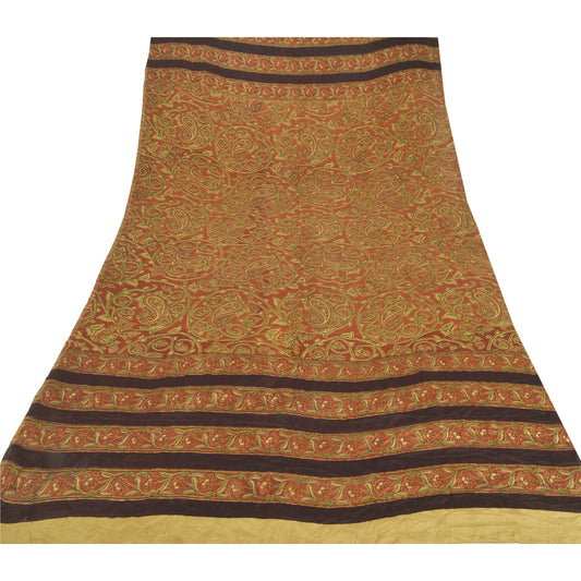 Sanskriti Vintage Dupatta Long Stole Pure Silk Brown Printed Scarves Wrap Veil