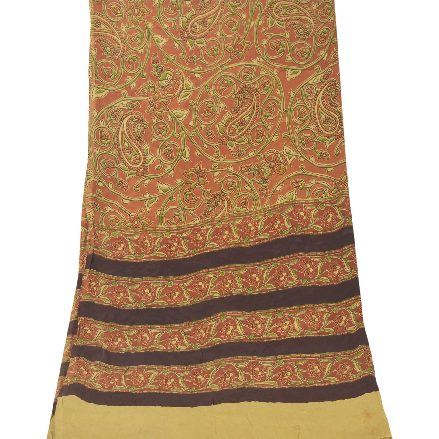 Sanskriti Vintage Floral Printed Silk Dupatta: Green & Brown Long StoleUses-Crafts Sewing Patchwork Home Decor, Bag Making