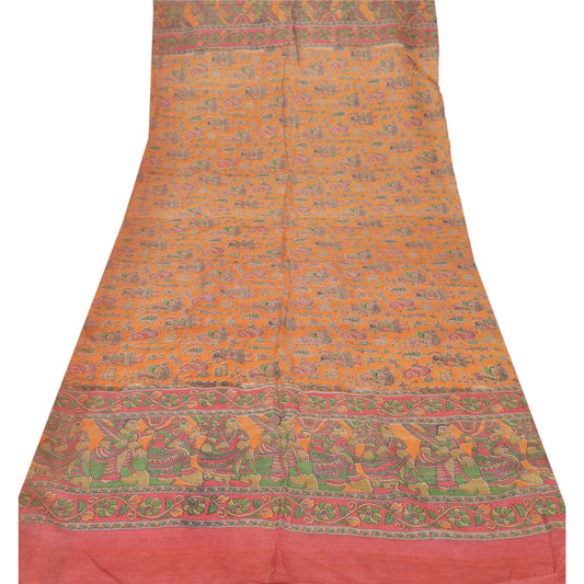Sanskriti Vintage Dupatta Long Stole Pure Silk Pattachitra Orange Scarves Shawl