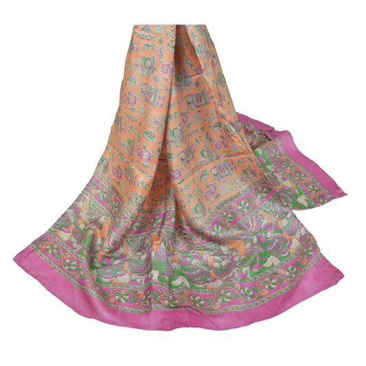 Sanskriti Vintage Dupatta Long Stole Pure Silk Peach Pattachitra Scarves Shawl