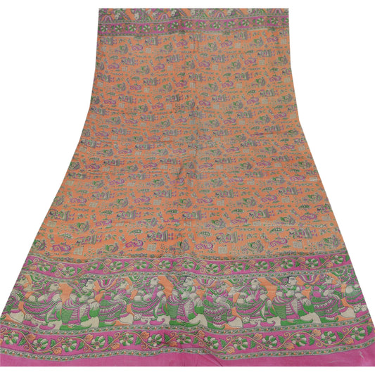 Sanskriti Vintage Dupatta Long Stole Pure Silk Peach Pattachitra Scarves Shawl