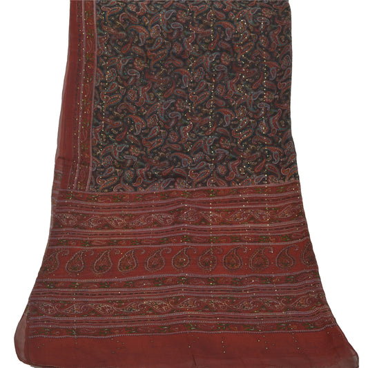 Sanskriti Vintage Dupatta Long Stole Georgette Brick Red Mukesh Work Printed