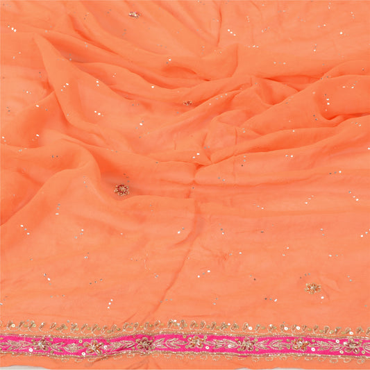 Sanskriti Vintage Peach Long Dupatta Stole Pure Georgette Silk Hand Beaded Veil