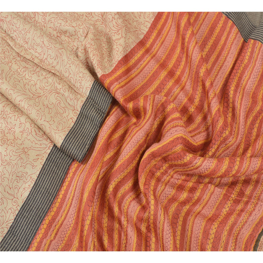 Sanskriti Vintage Dupatta Long Stole Pure Woolen Cream Printed Wrap Soft Shawl