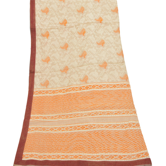 Sanskriti Vintage Dupatta Long Stole Cream Cotton Shawl Printed Work Scarves