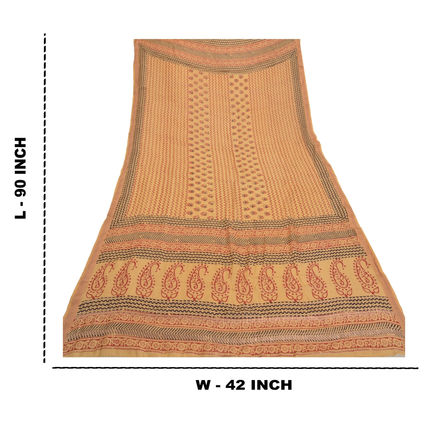 Sanskriti Vintage Dupatta Long Stole Pure Chanderi Silk Beige Block Print Shawl