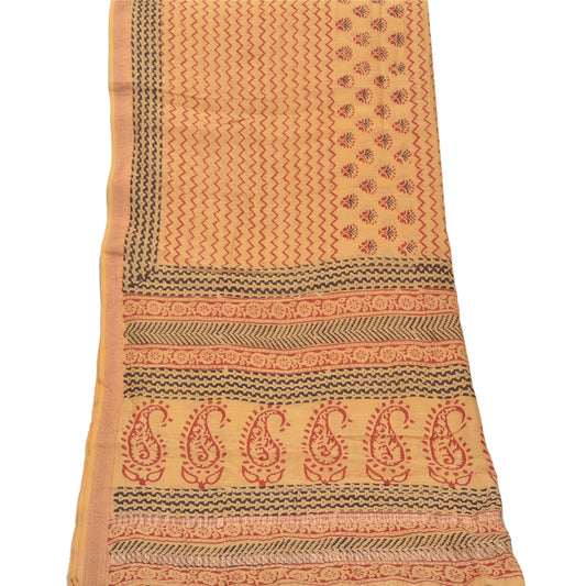 Sanskriti Vintage Dupatta Long Stole Pure Chanderi Silk Beige Block Print Shawl