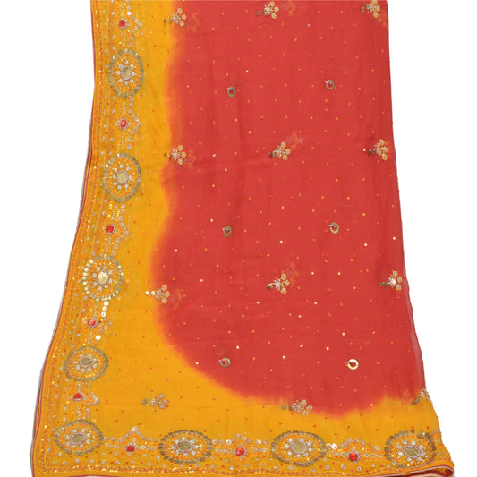 Sanskriti Vintage Dupatta Long Stole Pure Georgette Silk Yellow Hand Beaded Veil
