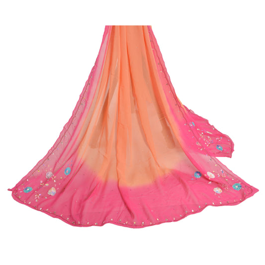 Sanskriti Vintage Dupatta Long Stole Georgette Pink Veil Hand Beaded Scarves