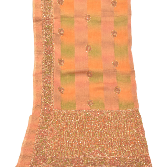 Sanskriti Vintage Dupatta Long Stole Georgette Peach Hand Beaded Kantha Hijab