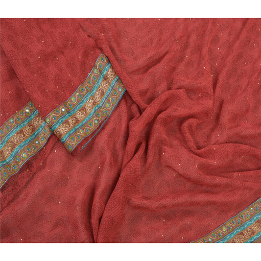 Sanskriti Vintage Dupatta Long Stole Georgette Red Hand Embroidered Scarves