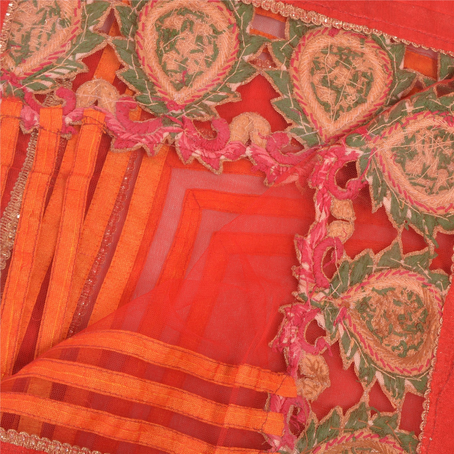 Sanskriti Vintage Dupatta Long Stole Net Mesh Red Hand Beaded Rhinestone Scarves