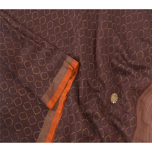 Sanskriti Vintage Dupatta Long Stole Chanderi Brown Hand Beaded Woven Scarves