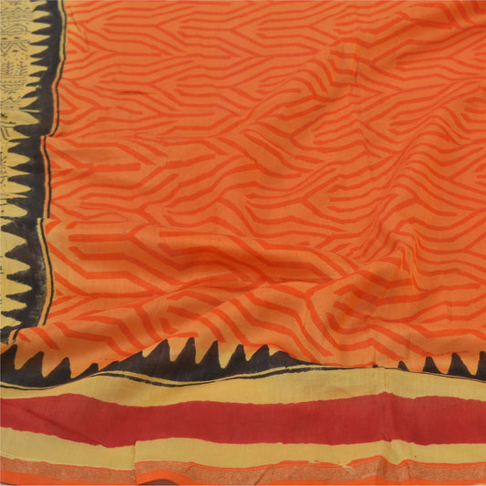 Sanskriti Vintage Dupatta Long Stole Chanderi Orange Hijab Block Printed Scarves