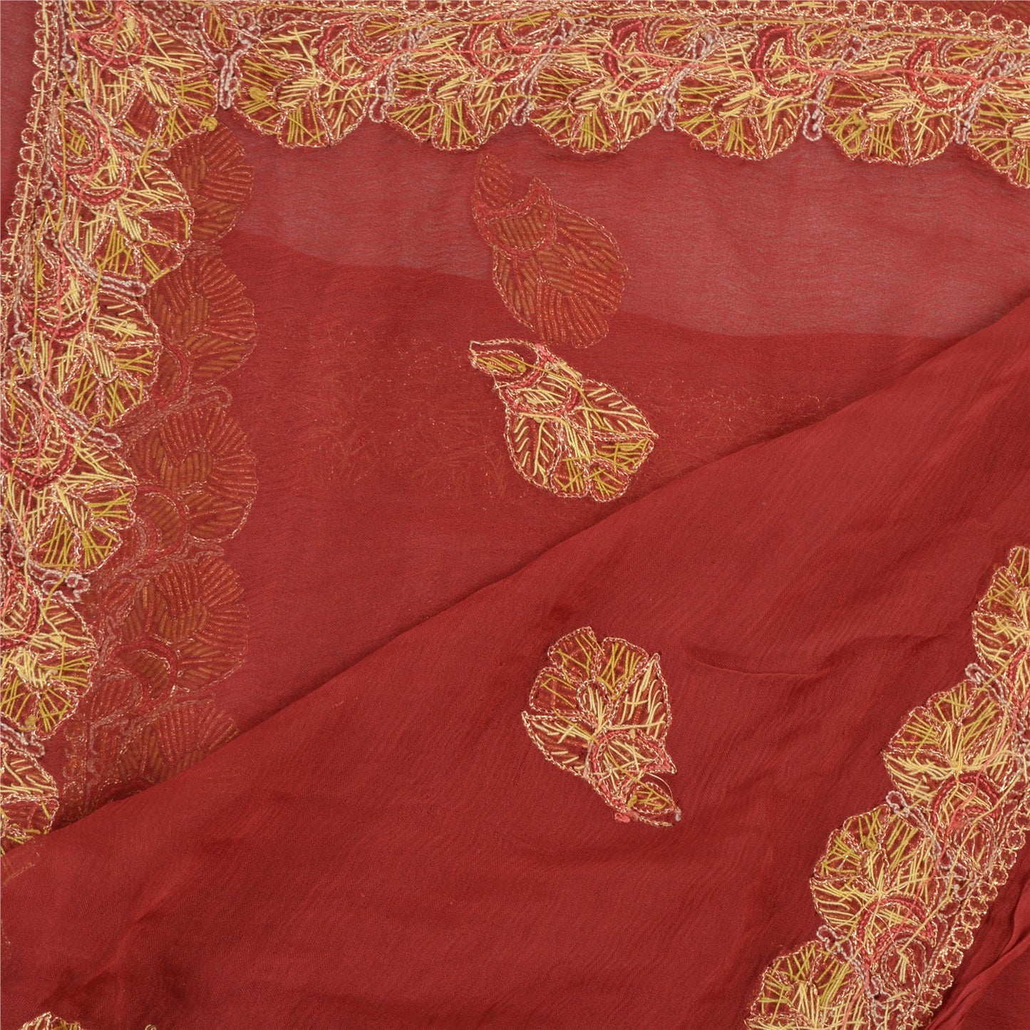 Sanskriti Vintage Dupatta Long Stole Pure Chiffon Silk Dark Red Hand Beaded Veil