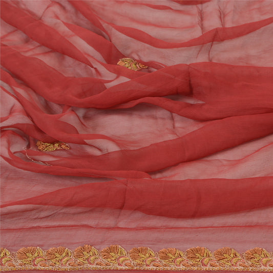 Sanskriti Vintage Dupatta Long Stole Pure Chiffon Silk Dark Red Hand Beaded Veil