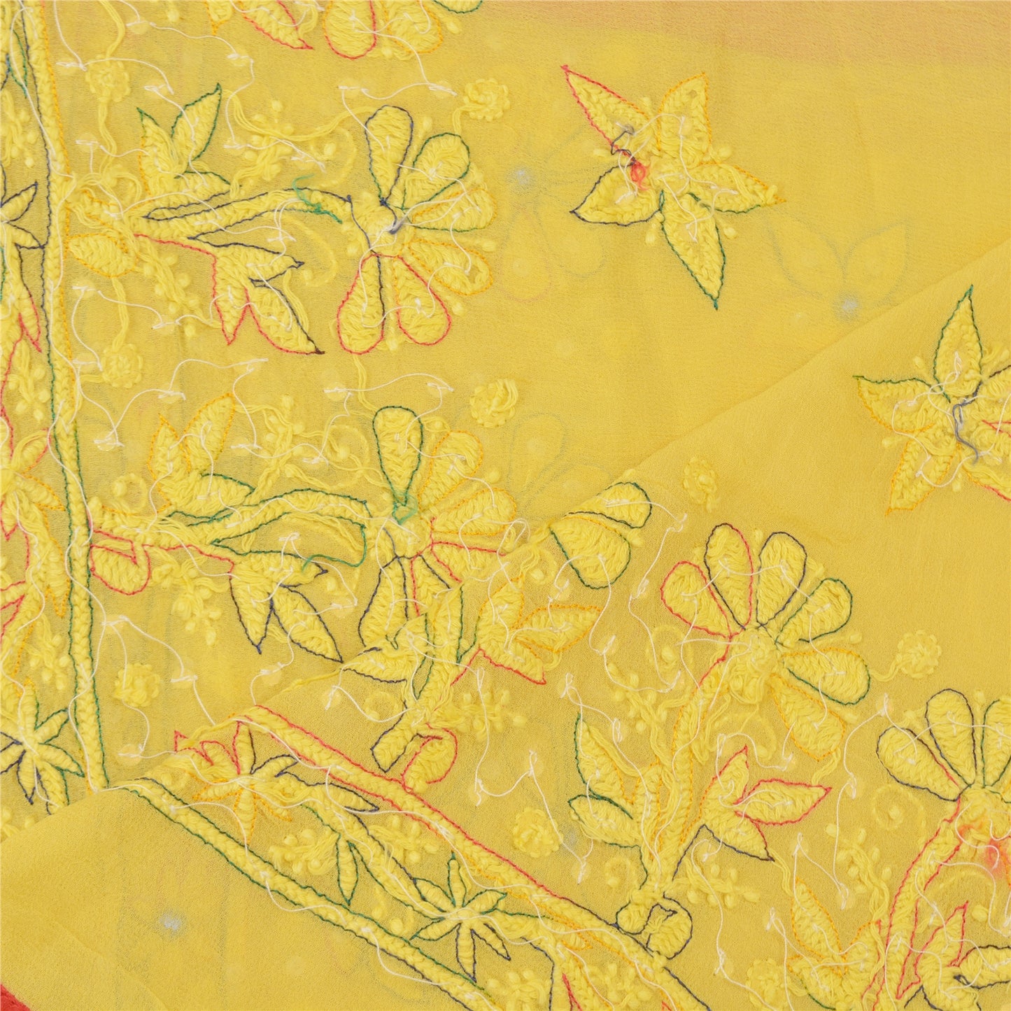 Sanskriti Vintage Dupatta Long Stole Georgette Yellow HandCrafted Chikankari