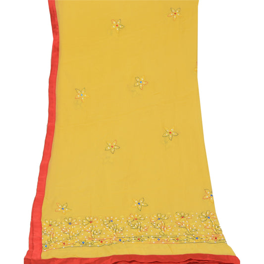 Sanskriti Vintage Dupatta Long Stole Georgette Yellow HandCrafted Chikankari